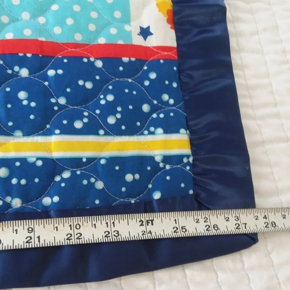 Handmade Baby Quilt Duck Patchwork Blanket Satin Trim Play Mat Blue Yellow 45x28
